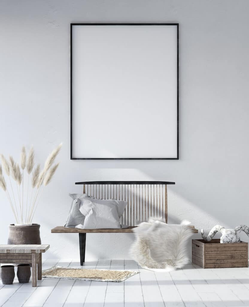 Mock-up poster frame in shabby Scandinavian interior background, 3d render