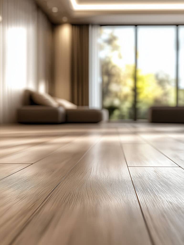 Sol Parquet Bois Clair : Design Moderne et Lumineux Sol en bois clair d'un intérieur moderne et minimaliste. Lumière naturelle sur les lattes, canapés bas et grande fenêtre floue sur la nature.