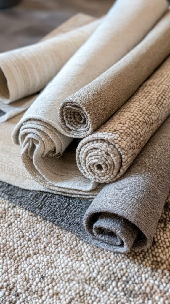Rouleaux de tapis aux textures variées, teintes neutres (beige, gris, marron). Idéal pour la décoration intérieure.