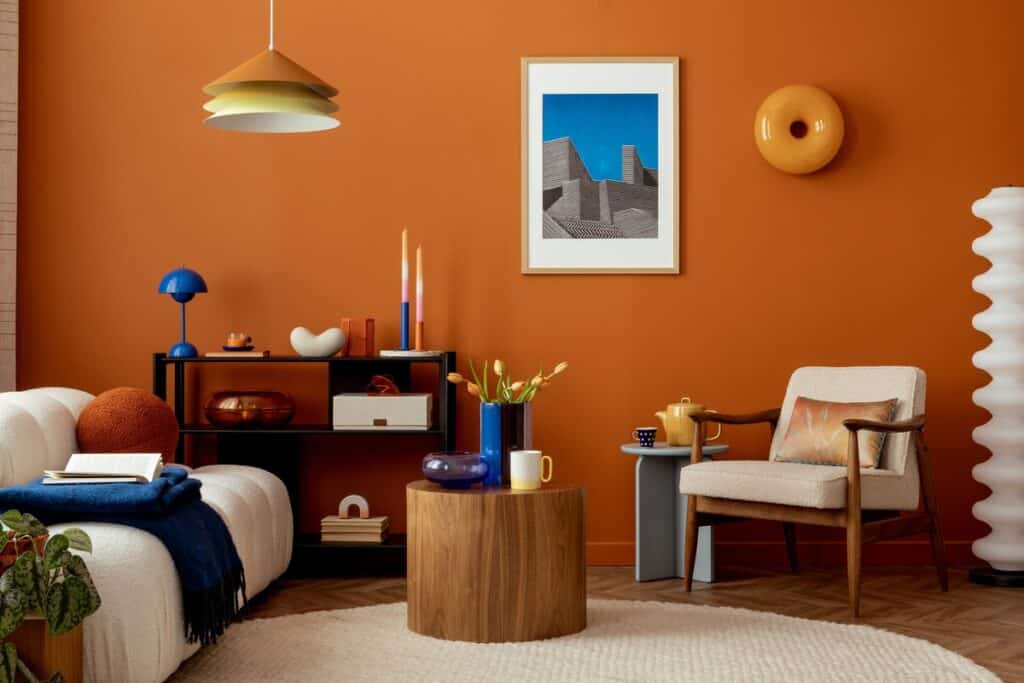 Décoration salon moderne avec mur orange et accents bleus Salon moderne avec mur orange, canapé blanc bouclé, fauteuil en bois et accents bleus dans un style contemporain chic.